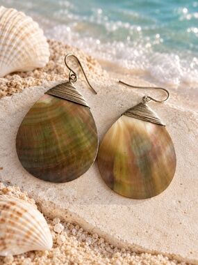 Mother of Pearl Teardrop wire wrap Drop pierced Earrings - Silver Wire Accent